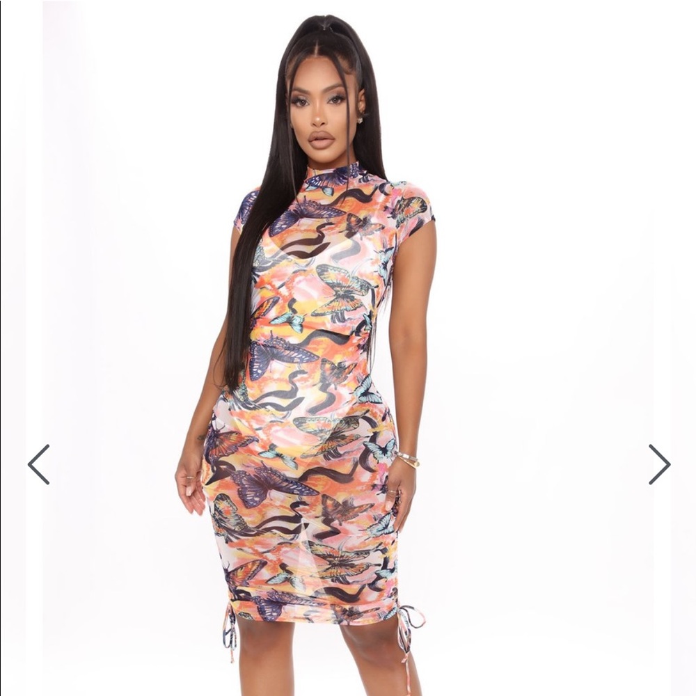 Butterfly Print Mesh Mini Dress